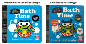 Image of the unboxed front cover of book side by side with image of the boxed front of book. There is an image of a green frog on blue background on both.